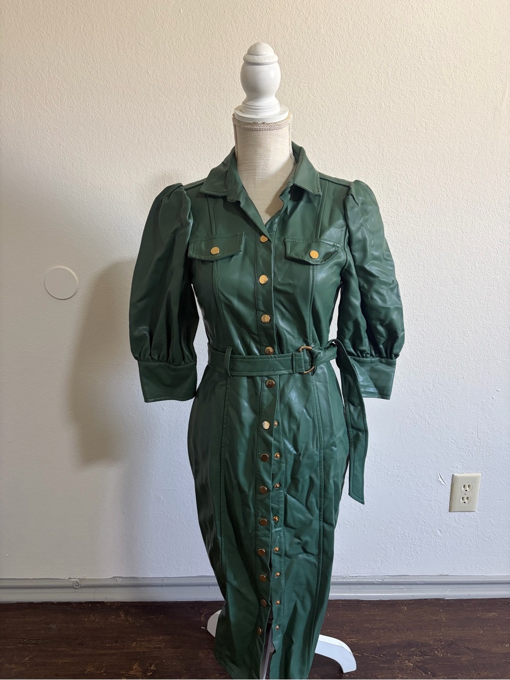 Green Button-Front Belted Midi Dress
